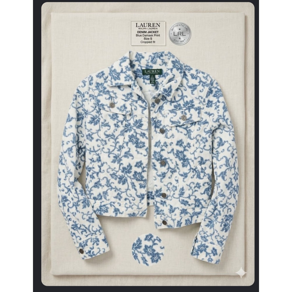Lauren Ralph Lauren Preppy Blue Damask Print Denim Jacket Cropped Trucker S